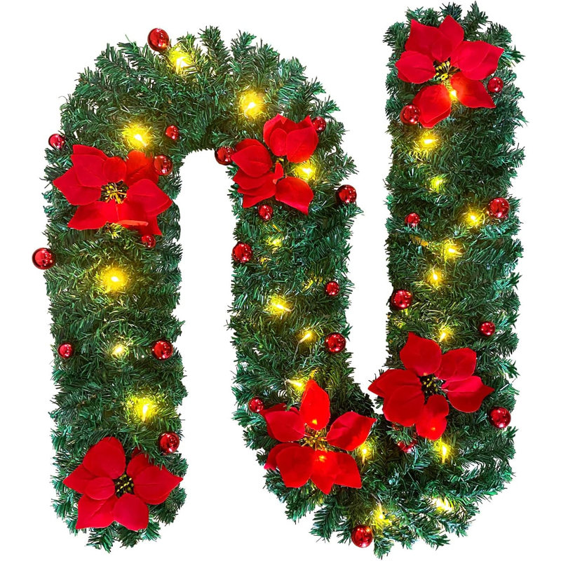 Guirlande de 9 pi avec guirlande de lumières et décorations de Noël pour escalier, Vert/rouge