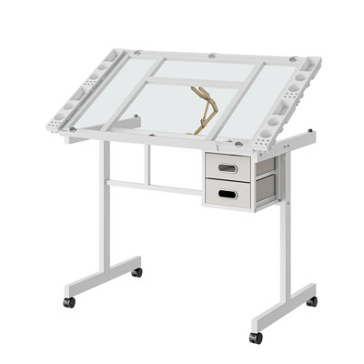 Adjustable Art Drawing Desk Craft Station Drafting with 2 fabric Drawers and 4 Wheels