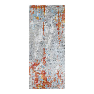 2'7" x 5'8" Orange Wool and Silk Abstract with Fire Mosaic Hand Knotted Runner Rug