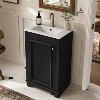 Meuble-lavabo autoportant de 51 cm (20,1 po) avec lavabo en céramique et porte à fermeture amortie, noir