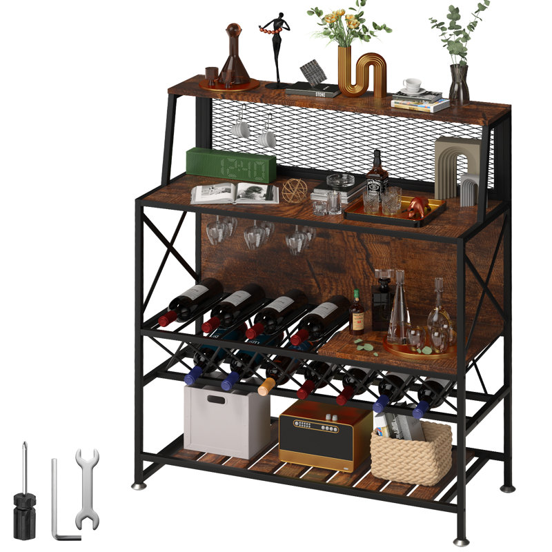 Rustic Brown Industrial Wine Rack Bar Table with Glass Holder