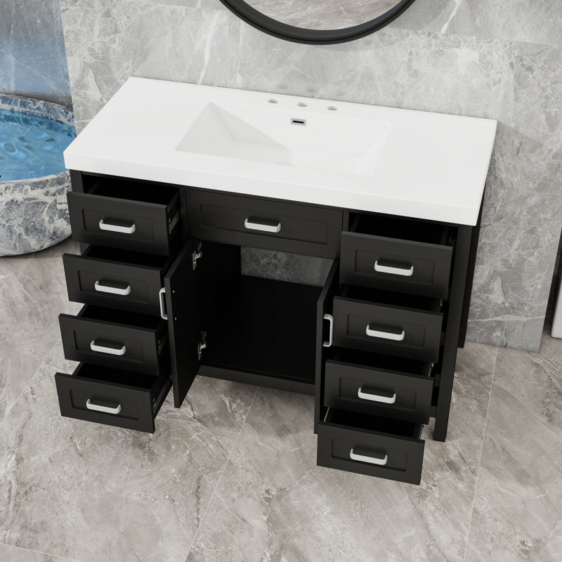 Meuble-lavabo avec lavabo, 8 tiroirs et 2 portes à fermeture en douceur, Noir