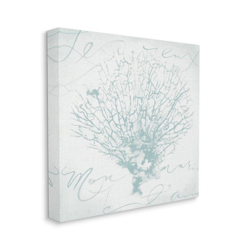 " Abstract Coral Over Text Teal White Calligraphy Design " by Liz Jardine, 24" H x 24" W x 1.5" D, Wrapped Canvas
