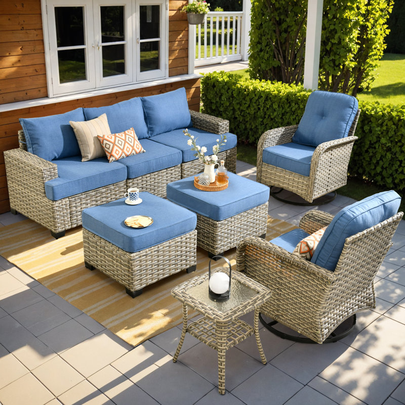 Ensemble de chaises berçantes d'extérieur 8 pièces, Bleu clair, No