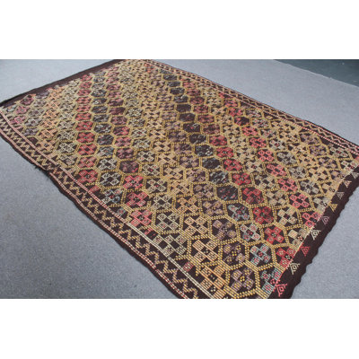 Grand tapis kilim turc rétro Oushak brun avec broderie complexe pour le salon