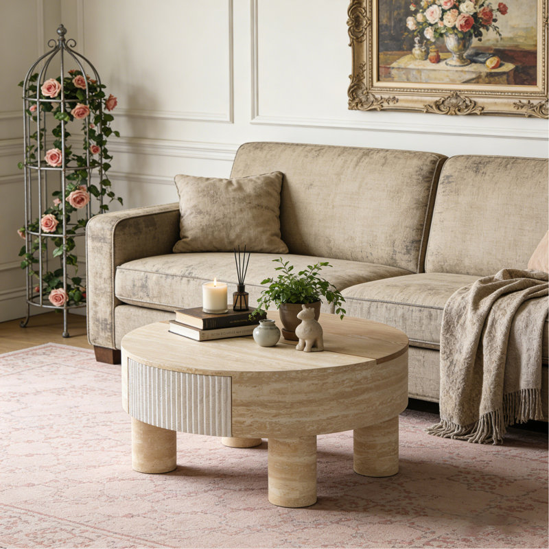 Table basse ronde avec plateau rabattable et compartiment de rangement caché