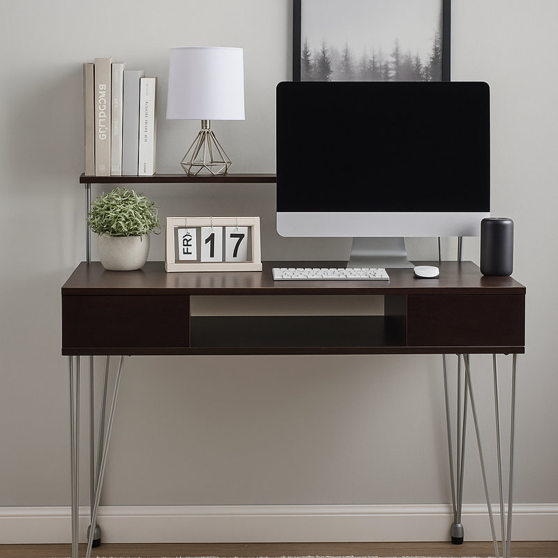 Marcus Jr. Modern Home Office Desk – Functional Writing Desk with Large Storage Compartment & Raised Hutch Shelf for Extra Space