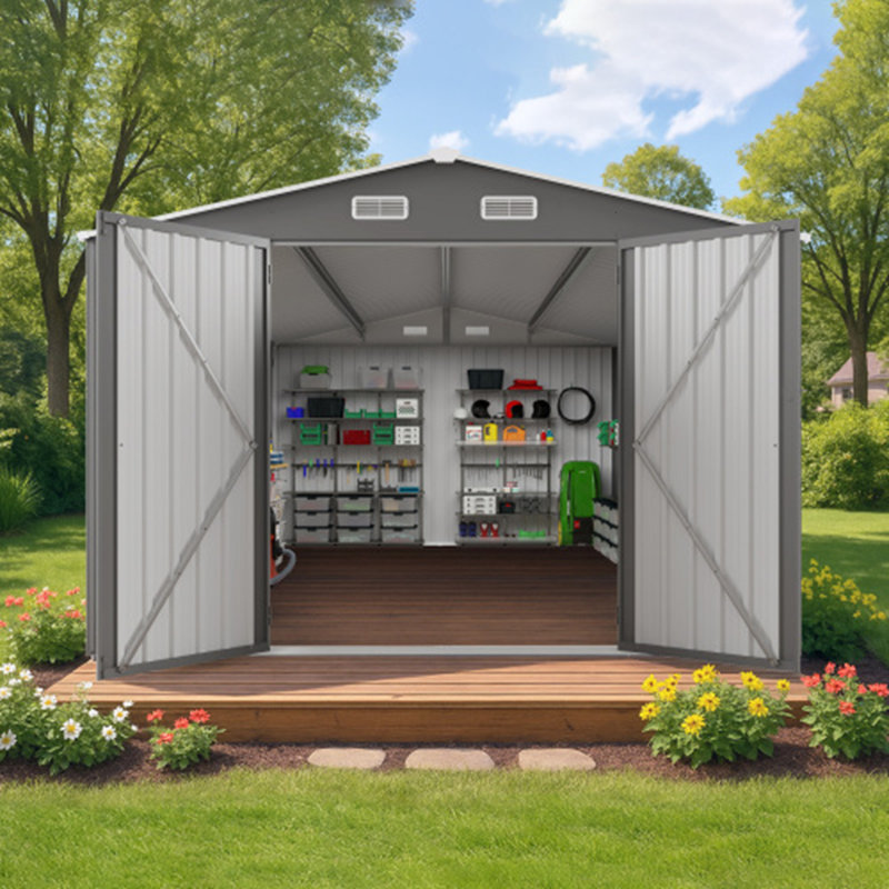 10 FT Spacious Outdoor Metal Storage Shed with Lockable Door, Air Vent & Clear Window, Grey, 80.3" H x 115.8" W x 169.3" D