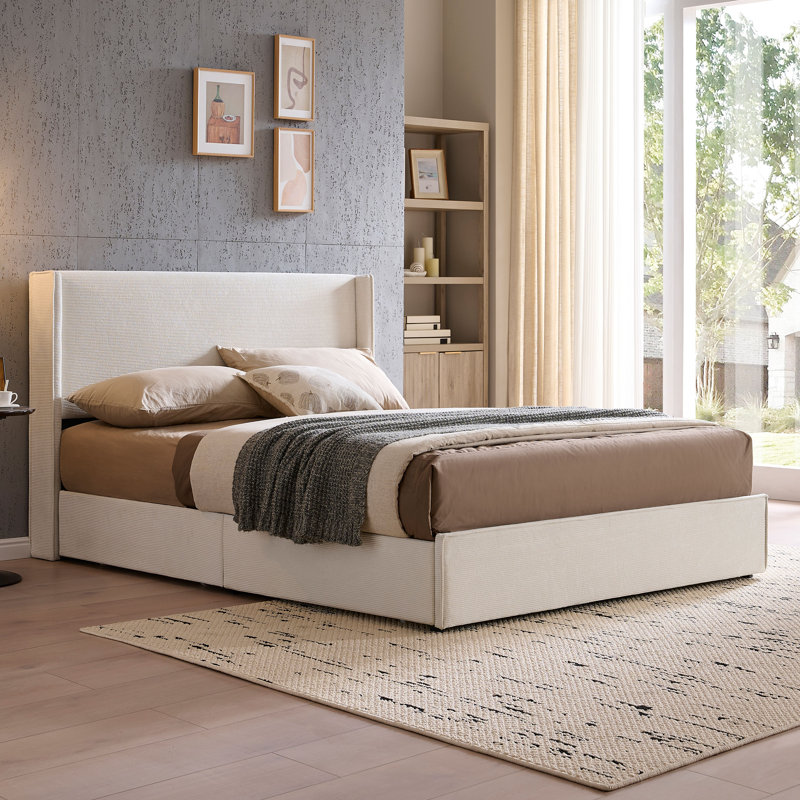 Queen Corduroy Upholstered Platform Bed Frame with Wingback Headboard  & 4 Storage Drawers, No Box Spring Needed, Cream