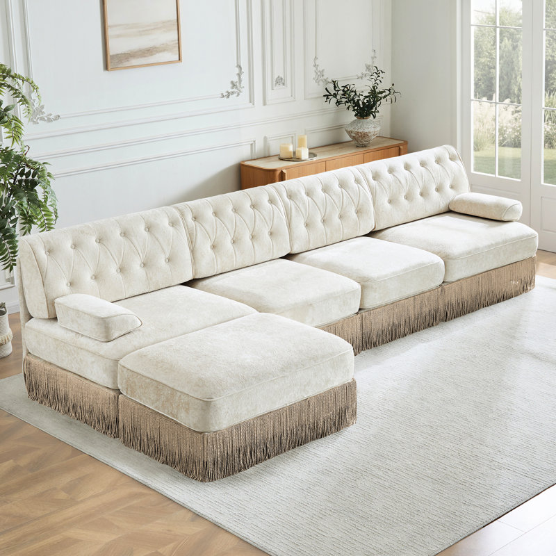 Velours beige en forme de L avec jupe à pampille, 4 sièges, combinaison, convient au salon - siège en forme de 135 po, style ergonomique