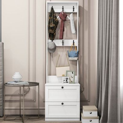 Unité de chevet et de chevet en bois blanc 21 avec tiroirs doubles, maximise l'espace de la chambre à coucher avec tiroirs et crochets, organisateur de rangement autoportant, blanc, amplement pour vêtements