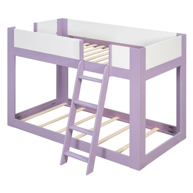 Lit superposé bas, lit superposé convertible en bois avec échelle réversible et garde-corps de sécurité, Lit simple, Mauve