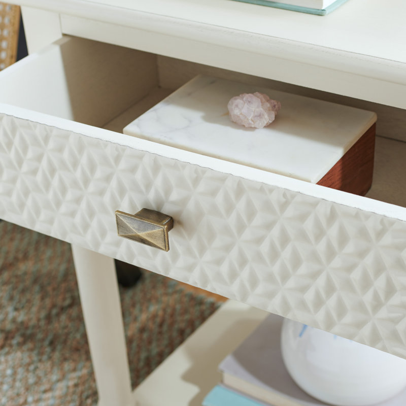 Halton Distressed White Wood Accent Table with Textured Drawer