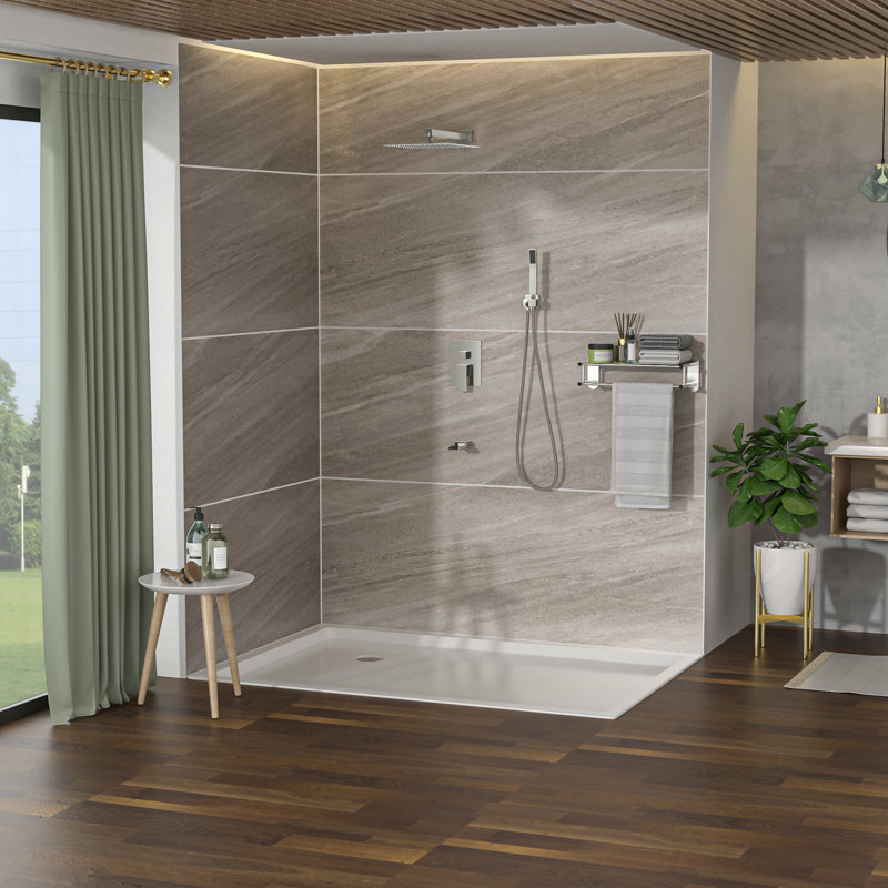 Shower System With Waterfall Tub Spout, 12 Inch Square Rain Shower, Brushed Nickel - 3 Function, Handheld, Easy Installation & Maintenance Function Spout Head, -Balanced Valve, Setup