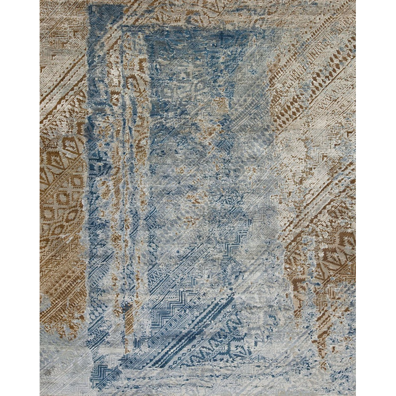 Epic Hand Knotted Abstract Area Rug in Blue/Brown/Ivory