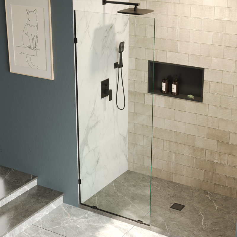 Single Fixed Glass Panel For Shower 32"×78", Thick Frameless Tempered Safety Glass Shower Screen, Black
