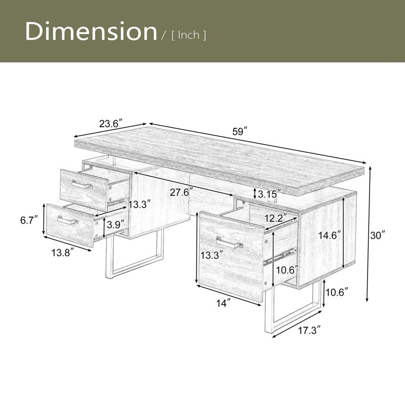 Home Office Computer Desk With Drawers/Hanging Letter-Size Files, 59 Inch Writing Study Table With Drawers