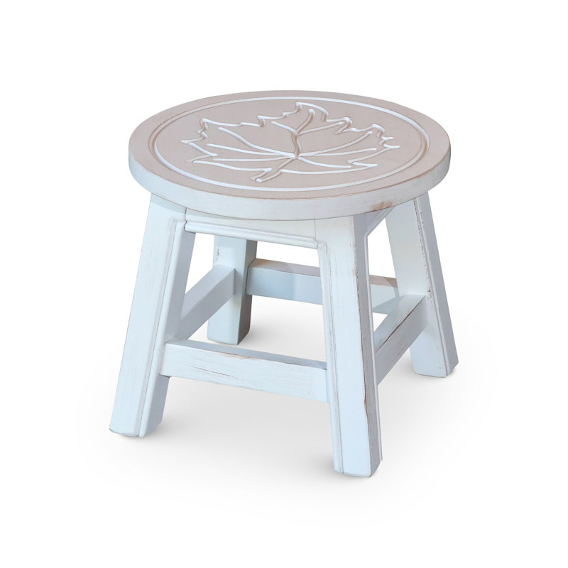 Escabeau en bois sculpté avec motif feuille d'érable - Tabouret décoratif décoratif en bois d'hévéa blanc antique, Blanc