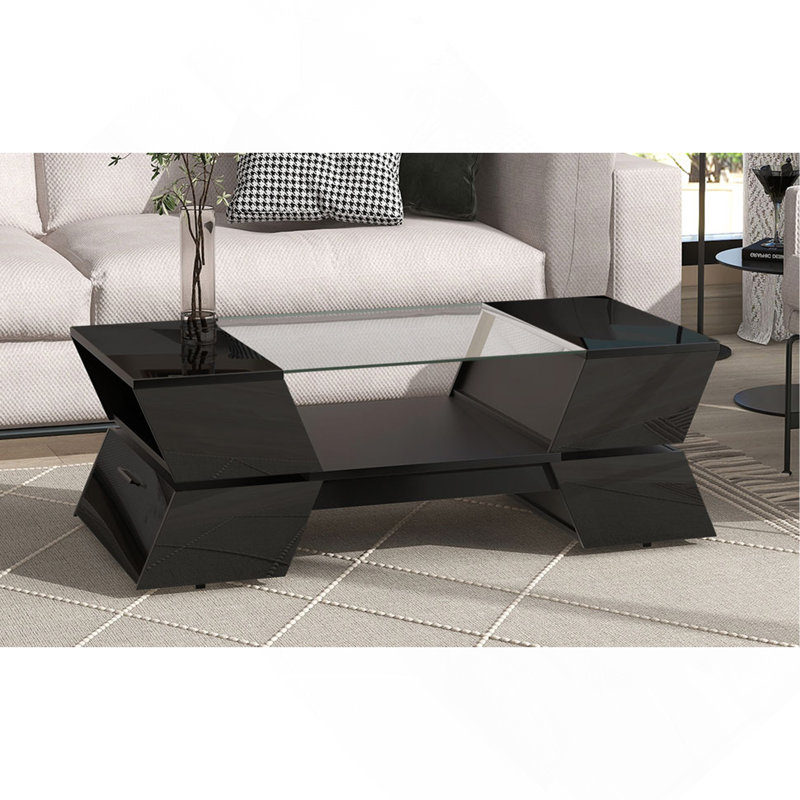 Table basse à plateau en verre de 6 mm avec tablettes ouvertes et armoires, Noir