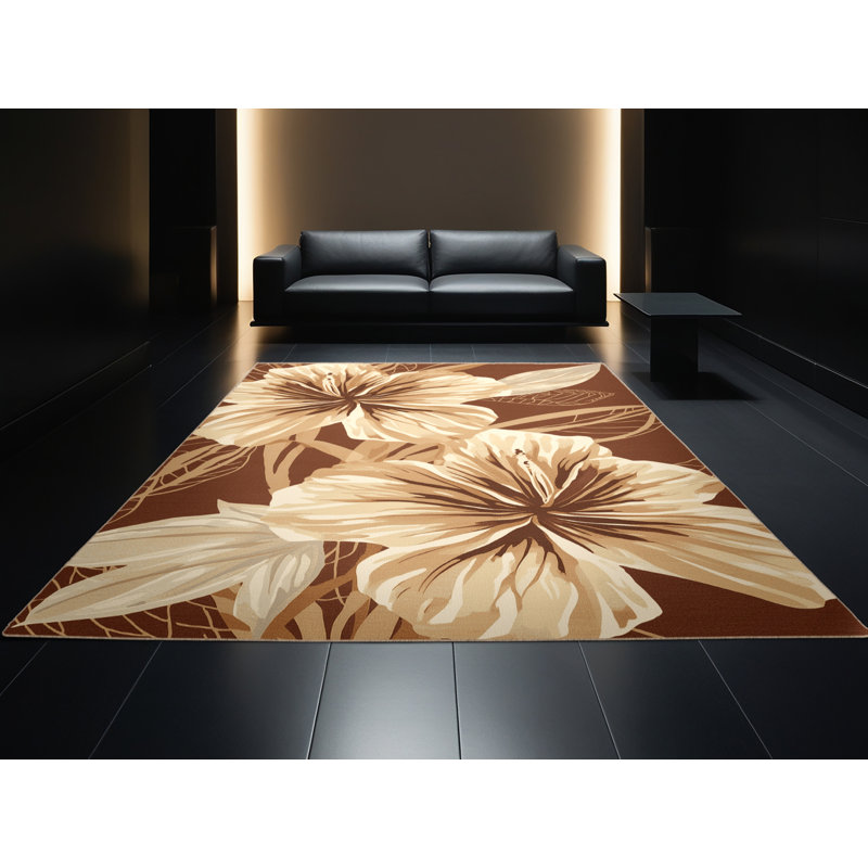 Machine Washable Oyan Hibiscus Tropical Floral Rug in Brown – Beige Binding, 6x9