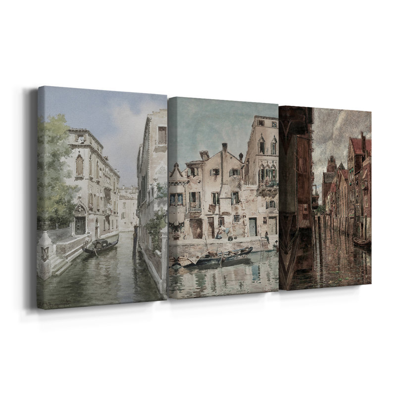 Paysage rétro CLVII - Toile tendue avec châssis sur mesure - 3 pièces, 36" H x 72" W