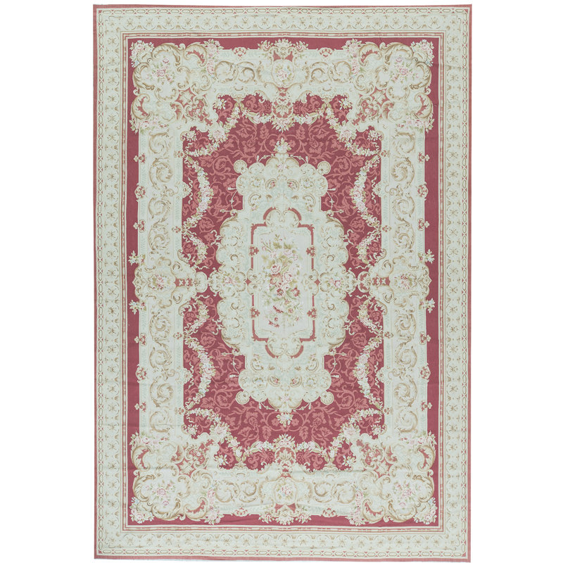 Hand-Knotted High-Quality Rose and Green Area Rug