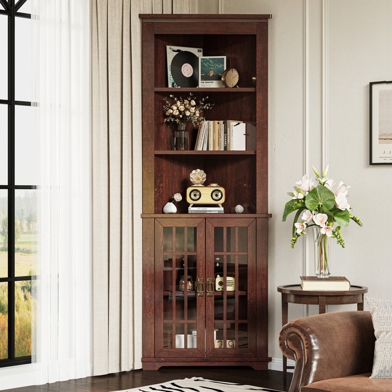 71.3'' Tall Corner Cabinet, Mid Century Storage Cabinet With Glass Doors & Adjustable Shelf, Bathroom Storage With 3 Open Shelf, Home Space Saver For Bathroom, Living Room, Kitchen, Red Walnut