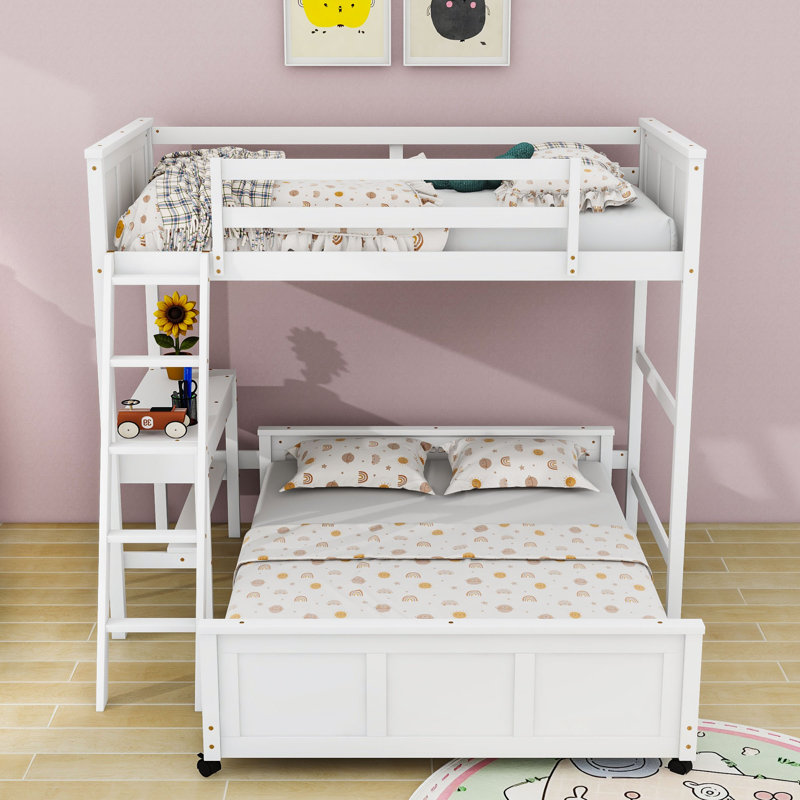 Lit superposé en bois avec bureau d'étude intégré et tiroirs de rangement, Simple, Blanc
