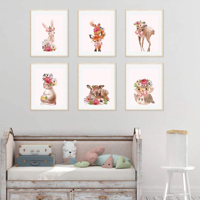 « floral roses forest animal lapin fox hibou », ensemble de 6 pièces imprimé sur papier Creagh