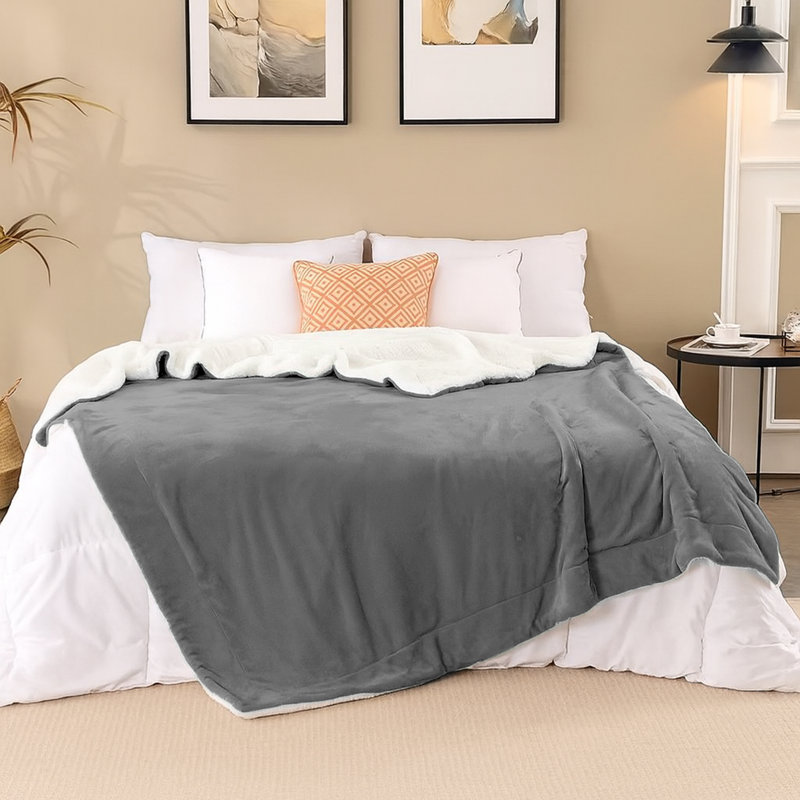 Sherpa Fleece Fur Thick Reversible Blanket Throw, 200cm x 240cm, Silver