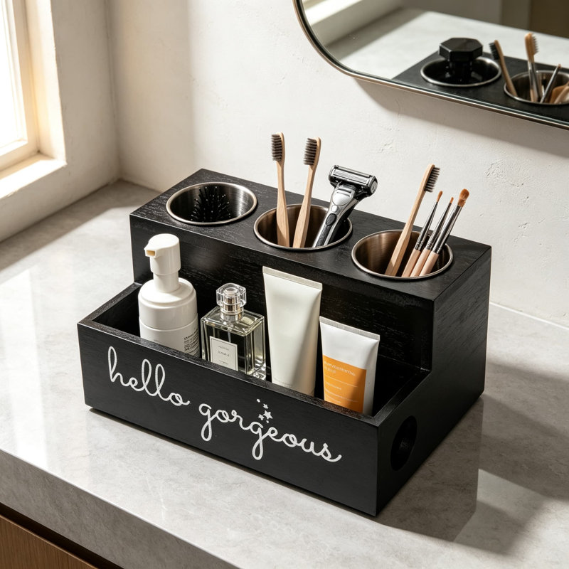 Support mural à deux niveaux pour sèche-cheveux avec rangement pour brosses et peignes, idéal pour la salle de bain et la coiffeuse. Étagère de rangement en bois pour appareils chauffants, avec gestion des câbles et compartiment pour accessoires.