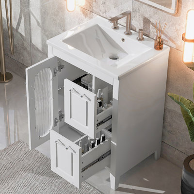 Meuble-lavabo de salle de bain avec lavabo, armoire avec deux tiroirs et porte, tablette réglable, fabriquée en bois massif et panneau de fibres à densité moyenne pour une utilisation durable