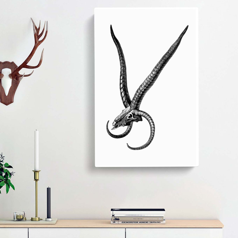 Sheep Skull Illustration in Black and White - Wrapped Canvas Drawing - Wrapped Canvas, 60cm H x 40cm W x 3cm D