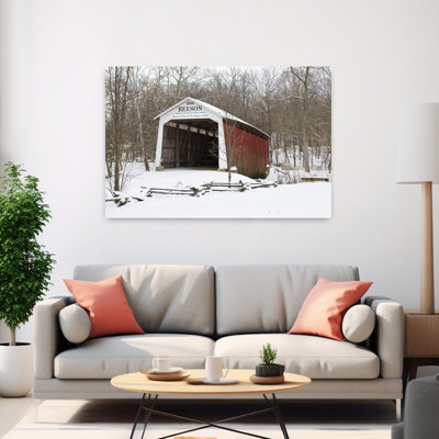 Covered Bridge In Snow Covered Forest, Beeson Covered Bridge, Billie Creek Village, Rockville, Parke County, Indiana, Usa Abstract Contemporary Arc...
