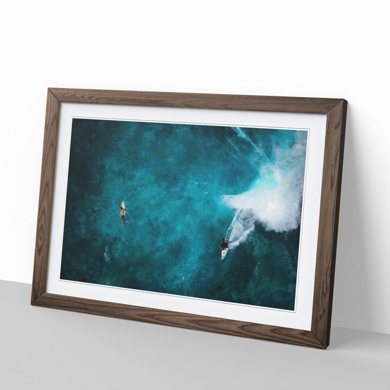 Surfers in Hawaii - Picture Frame Painting, Walnut Framed, 27cm H x 36cm W x 2cm D