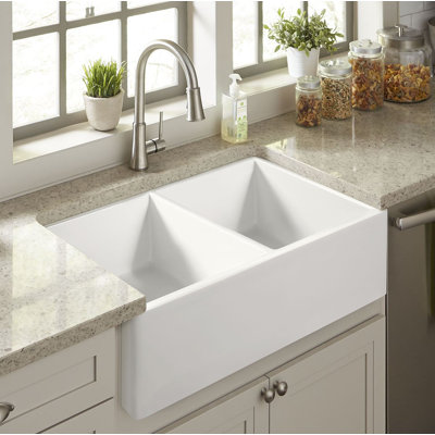 Austen Crisp White Fireclay Double Bowl Farmhouse Apron Front Undermount Kitchen Sink and Drain -  Sinkology, SK496-33FC-SS