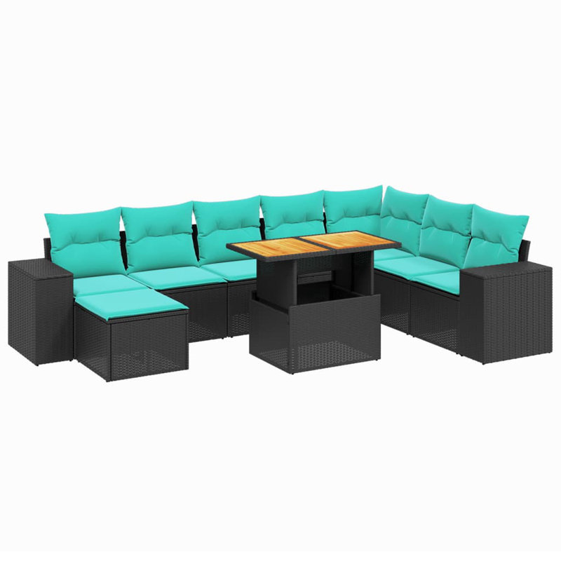  9 Piece Patio Sofa Set With Cushions Poly Rattan, Black, Green
