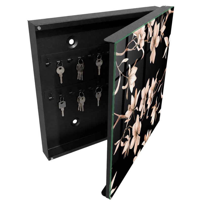 Key box, Opens to the left, 30x30x5, Black, Flowers on a dark background with subtle details, 