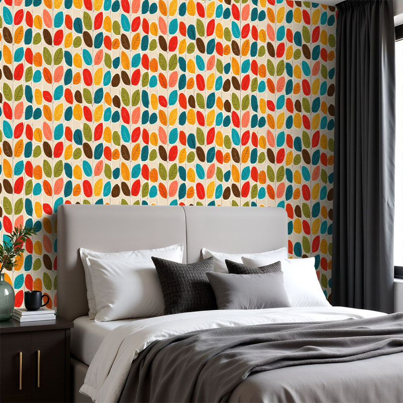 Papier peint adhésif peler et coller en PVC, revêtement mural auto-adhésif amovible avec imprimé de feuilles colorées rétro de style Mid-Century moderne, imperméable pour la décoration intérieure - Rouleau