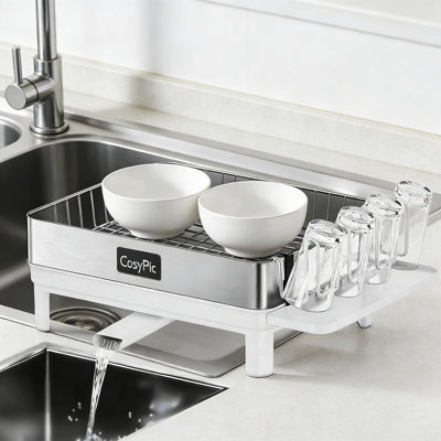 Premium 304 Stainless Steel Dish Drying Rack With Drainboard Set, Automatic Drainage Spout, Utensil & Cup Holder For Kitchen Countertop