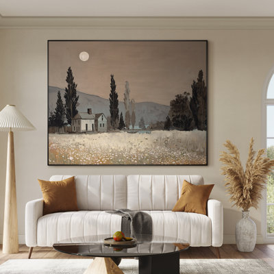 Très grande reproduction d'art sur toile «Cabane de campagne rustique sous un paysage de pleine lune» pour le salon ou la chambre à coucher - «Assemblage requis du cadre (cadre non fini)»