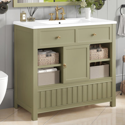  Meuble-lavabo 36 po avec lavabo, armoire en bois massif avec tablettes latérales et tiroir, vert
