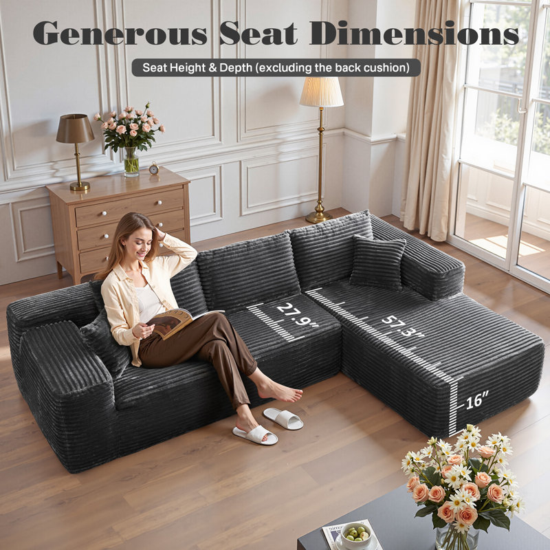 Boneless 105" 2 - Piece Upholstery Compression Sofa with 3 Seats, Corduroy Sectional Couch, No Assembly Required, Gray Plush