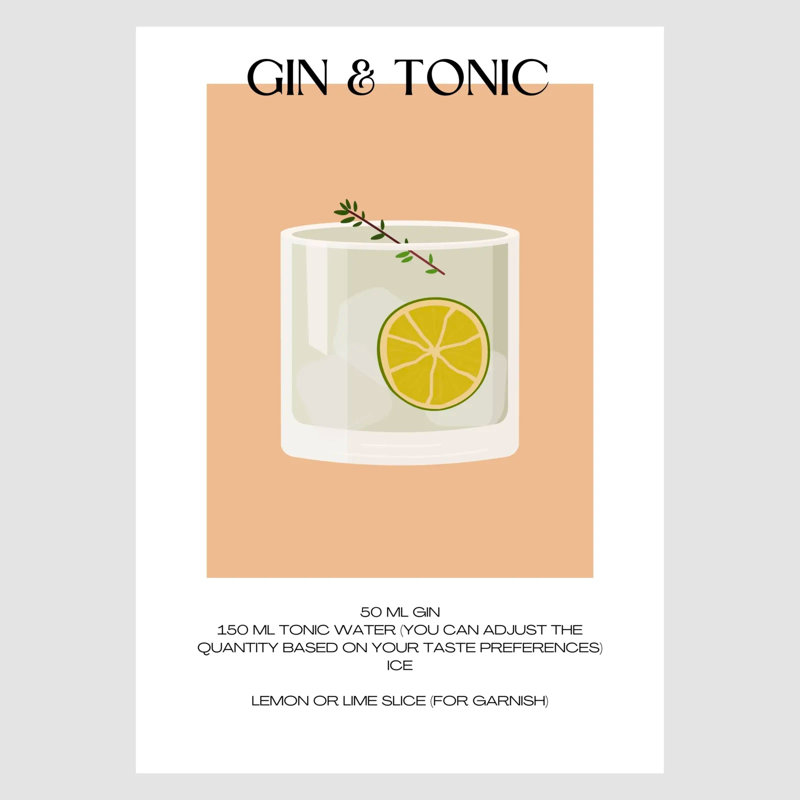 Gin and Tonic Art Print – Retro Bar Decor, 42 cm H x 30 cm W