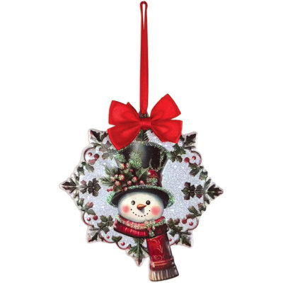 Glitter Top Hat Snowman Wreath Metal Christmas Ornament - Set of 6