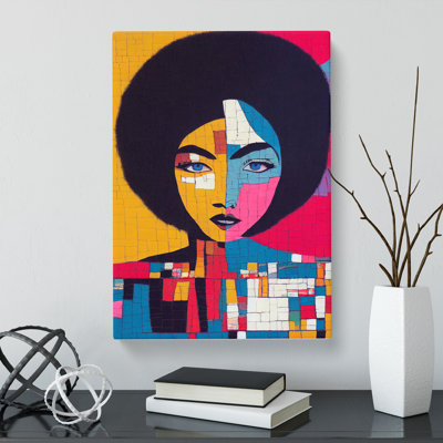CAN-V0523-2940X Woman With Afro Patchwork 1 Piece Wrapped Canvas Wall Art