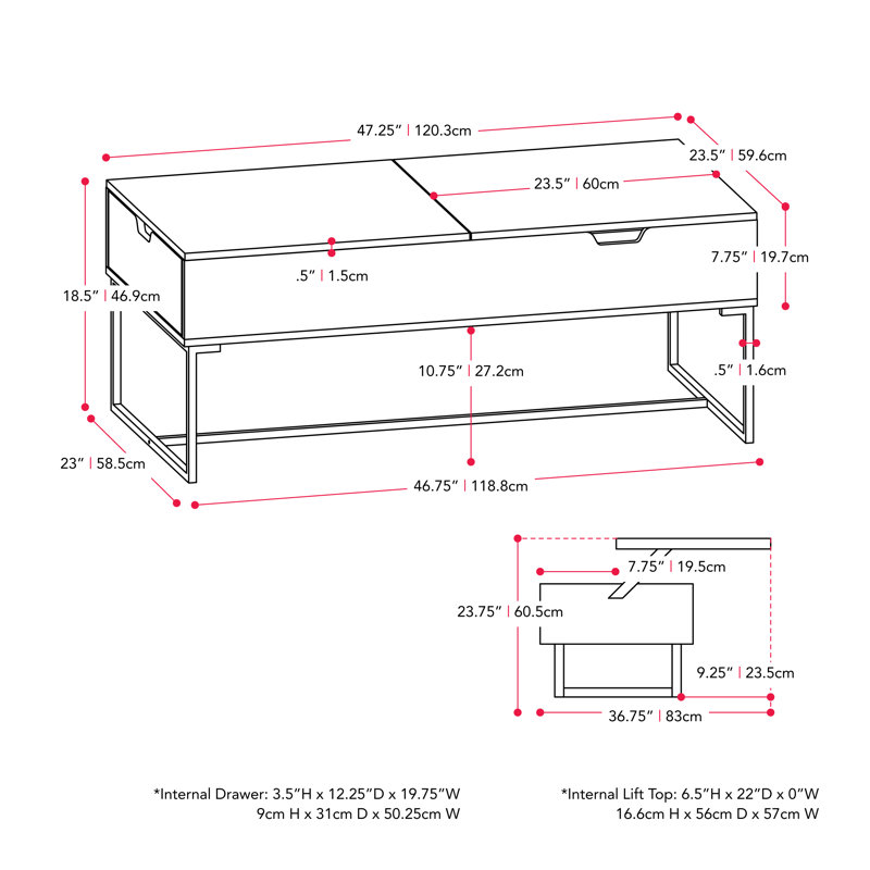 Table basse à plateau relevable avec rangement