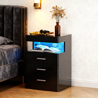 Smart LED Nightstand With 3-In-1 Charging Station, Locking Compartment, 3 Drawers And RGB Mood Lighting - Modern Bedside Table With Hidden Storage Spa