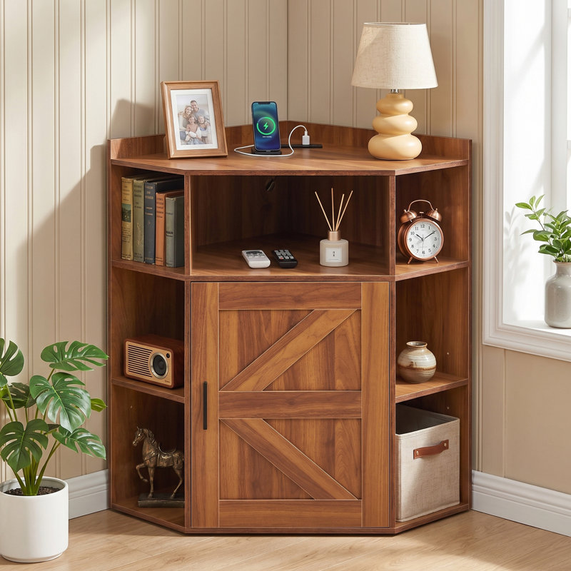 Corner Cabinet With Charging Station, Modern Home Office Storage Cabinet With 2 Outlets And 2 USB Ports, Triangle Bookshelf And Printer Stand With Barn Door For Small Spaces