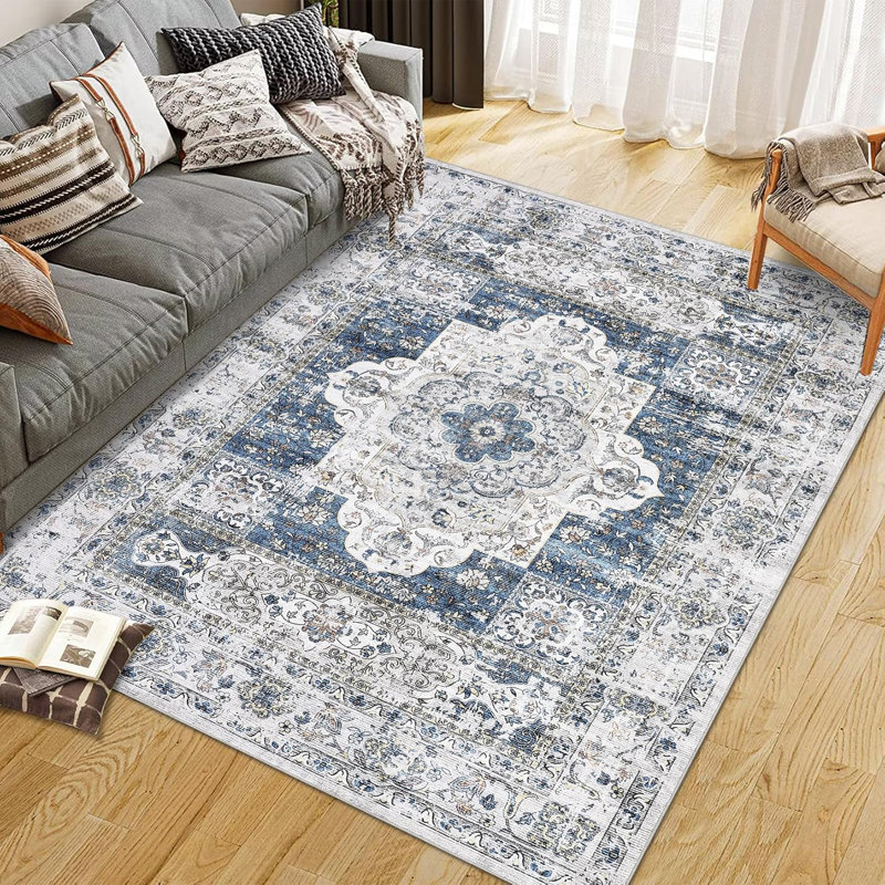 Machine Washable Boho Rug  Oriental Medallion Stain-Resistant Non-Shed Soft Vintage Floral Indoor Low Pile Dining Room Orange